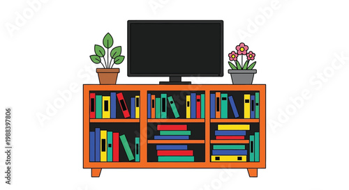 A flat screen television sits atop a wooden cabinet with books and plants