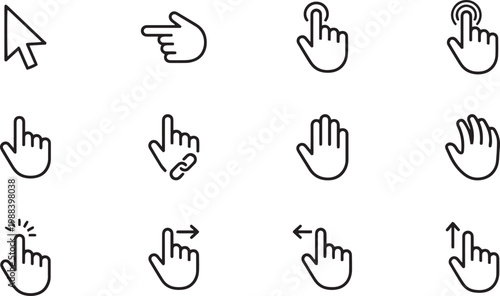Collection of hand gestures and cursor icons in black and white