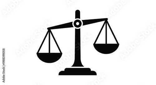 A simple black and white illustration depicts a traditional balance scale symbolizing justice and equality