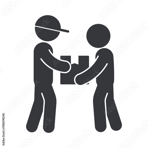 Isolated pictogram of courier handing cardboard box to recipient representing delivery service, parcel transfer, shipping process, and customer receipt confirmation