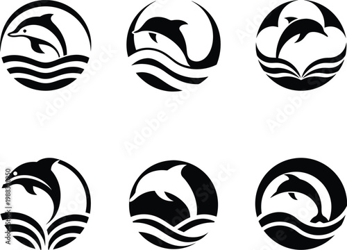 Set of Six Minimalist Circular Dolphin and Wave Logo Designs