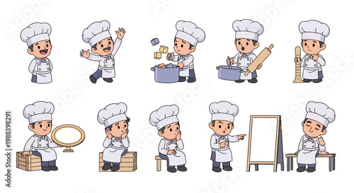 Set of cartoon chefs in various cooking poses and activities, showcasing culinary skills and kitchen fun