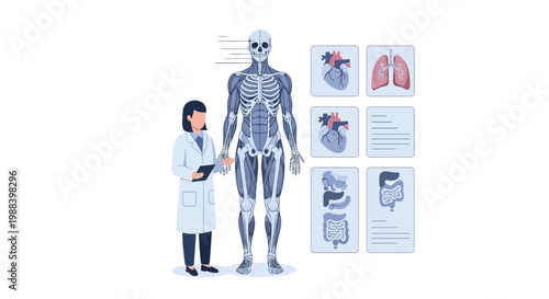 Anatomical illustration depicting a physician standing next to a full human body skeleton, with detailed diagrams of lungs, heart, and digestive system