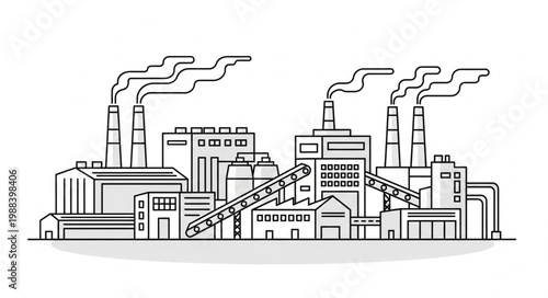 Industrial Factory Buildings with Smoke Stacks Emitting Smoke.