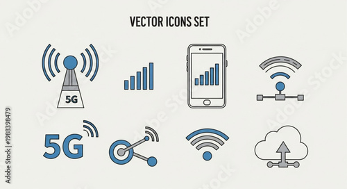 Set of vector icons representing 5G technology and wireless communication.