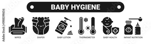 Baby Hygiene web banner icon vector illustration concept with icons of wipes, diaper, baby lotion, thermometer, baby health, and infant nutrition.