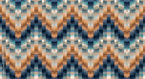 Seamless colorful geometric zig zag mosaic pattern. Retro blue tones ethnic tribal fabric. Vector background
