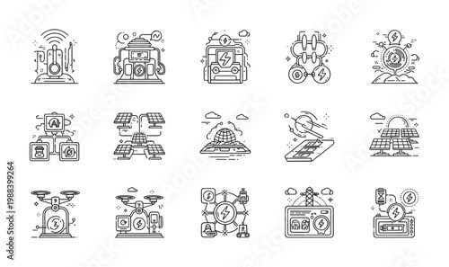 Premium 15 Futuristic Energy  AI Technology Icons - Solar Power Systems, Smart Grid Infrastructure, Renewable Energy Flow Advanced Tech Line Art Graphics