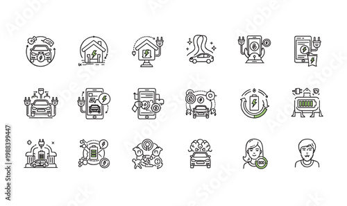 Premium 18 Eco-Friendly Living  EV Smart Home Icons - Electric Vehicle Household Charging, Sustainable Lifestyle Symbols  Green Energy User Experience Line Art
