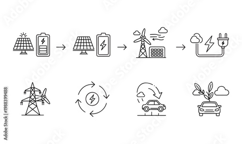 Premium 8 Renewable Energy  Green Transport Icons - Solar Power Storage, Wind Energy Grid, EV Eco-Friendly Lifestyle  Sustainable Infrastructure Line Art