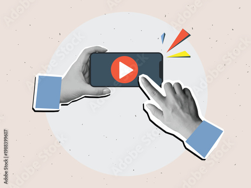 Black and white hand pushes the play button on a horizontal phone screen. Starting  watching video. Modern photo collage style. Vector illustration
