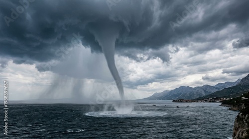 Dramatic waterspout formation over the ocean with dark storm clouds and mountains.