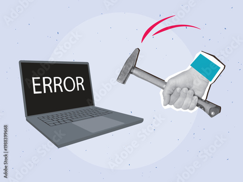 A hand swings a hammer over a laptop with the word 