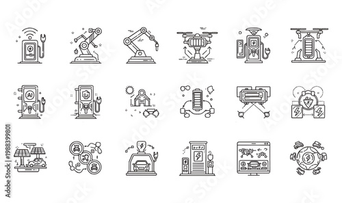 Premium 18 Robotic Automation  AI EV Charging Icons - Industrial Robot Arms, Drone Battery Swap, Smart Grid Infrastructure  Autonomous Vehicle Maintenance Line Art