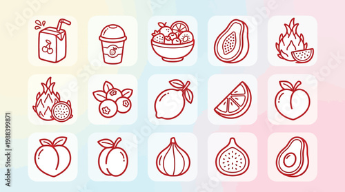 A collection of 15 hand-drawn, outline-style icons featuring various fruits, fruit drinks, and a fruit salad, presented on a soft gradient background.