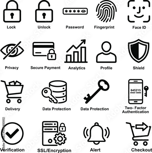 Cyber Security and Online Shopping Vector Icon Set