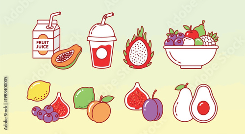 A vibrant collection of fresh fruits and fruit-based beverages, presented in a clean, modern illustration style.