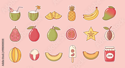 A vibrant collection of tropical fruits and refreshing drinks, presented in a charming, flat illustration style on a soft pink background.