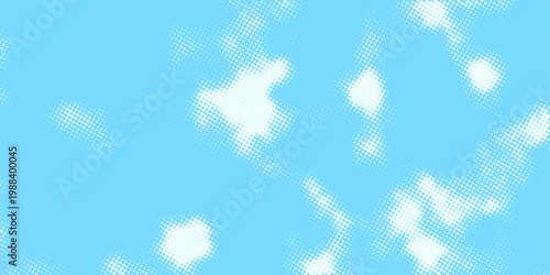 Halftone cloud background. White dotted clouds in blue sky. Comic pop art heaven wallpaper for banner, brochure, collage, poster, leaflet. Rasterized smoke, smog or fog texture. Vector illustration
