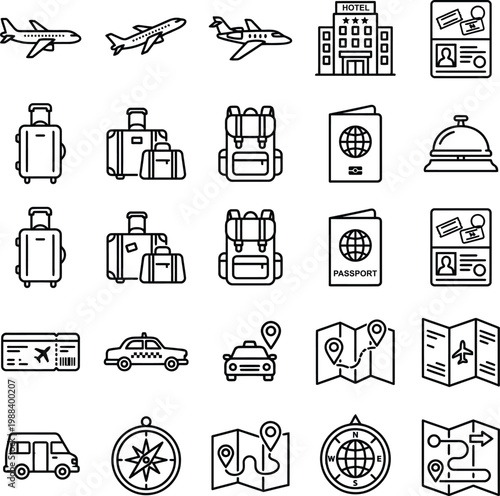 Comprehensive Travel and Navigation Vector Icons for Holiday Planning.
