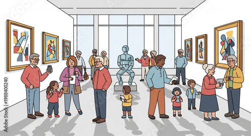 People admire art in a modern museum gallery exhibition.