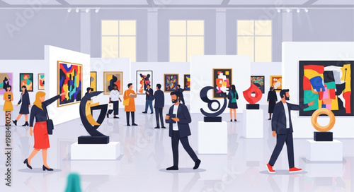 People admire art in a modern art gallery exhibition.