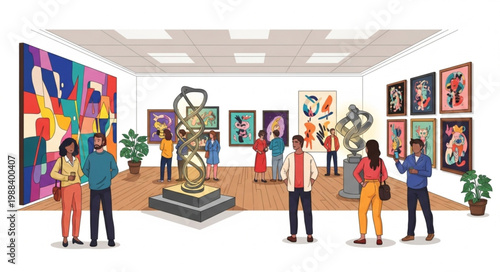 People admire art sculptures and paintings in a modern art gallery exhibition.