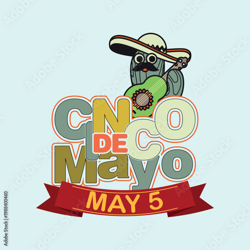 Cinco de Mayo T-Shirt Design with Cute Cactus Wearing Sombrero – May 5 Mexican Fiesta Illustration.