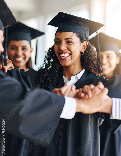 Group of graduates in caps and gowns joining hands, smiling and celebrating their accomplishment. A joyful scene of unity and triumph