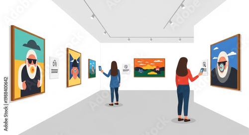 People admire artwork in a modern art gallery exhibition.