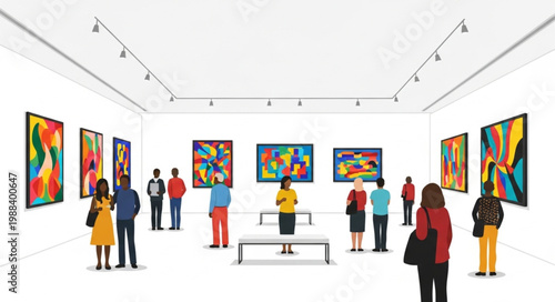 People admire colorful abstract paintings in a modern art gallery exhibition hall.