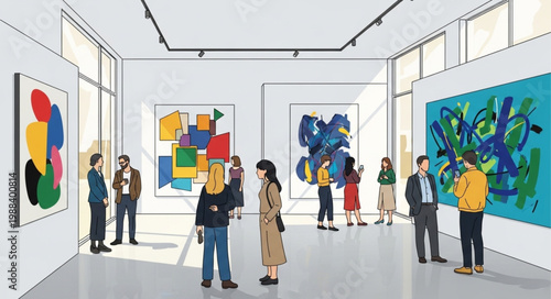People admire modern abstract art paintings in a bright art gallery exhibition.