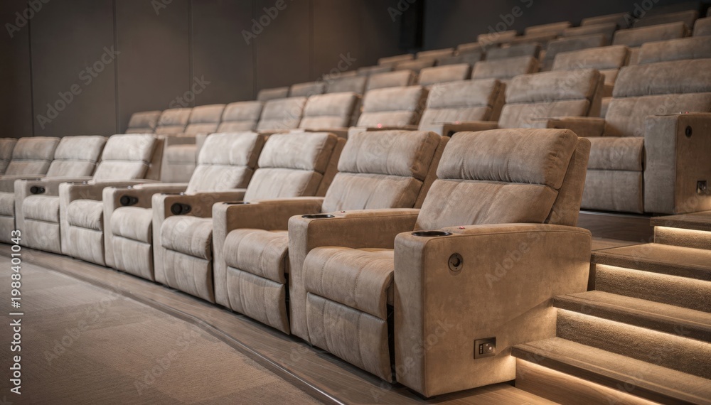 Fototapeta premium Medium shot highlighting luxury recliner seats in an auditorium focused on plush seating layout with aisles and accessibility routes softly blurred.