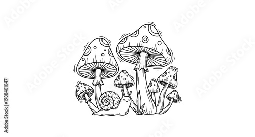 Mystical Mushroom and Snail Doodle Style Vector Illustration Isolated on White Background