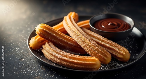 Churros with a chocolate dipping sauce, cinnamon sugar sparkling, studio light, dark moody ambiance, 4k.