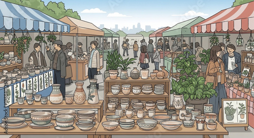 Outdoor Market Scene with Stalls and Pottery.