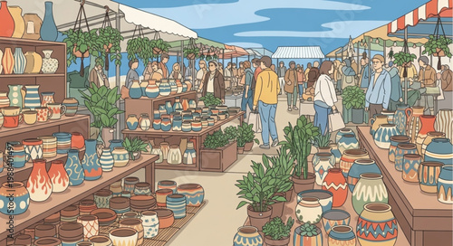 Outdoor Market Scene with Stalls and Shoppers.