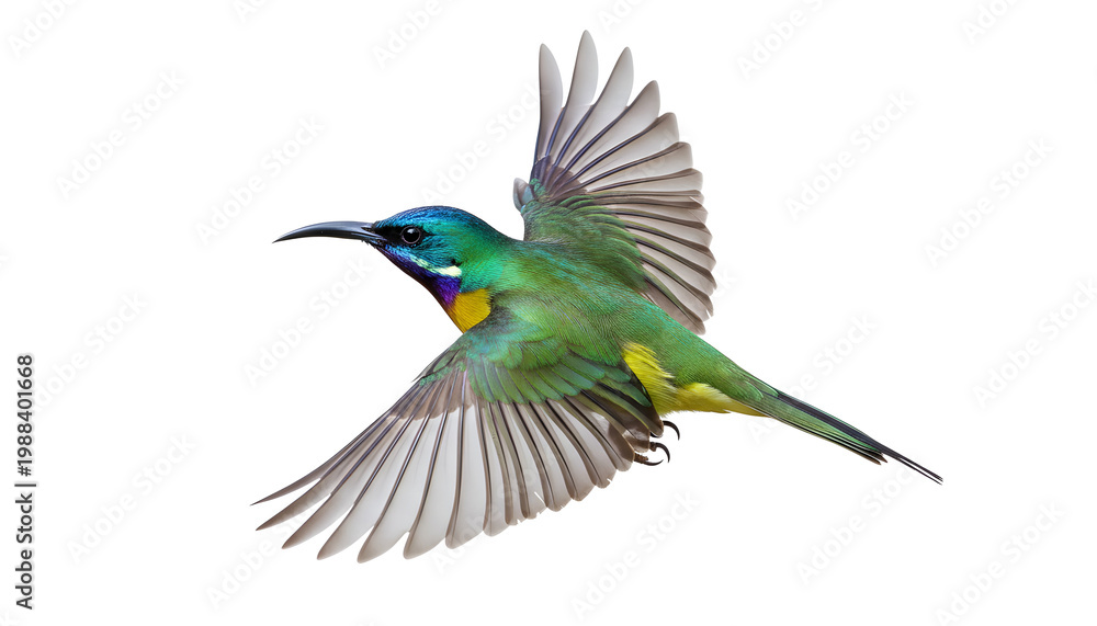 Fototapeta premium Vibrant Green Sunbird in Mid Flight with Iridescent Blue Purple Throat Isolated on Transparent Background