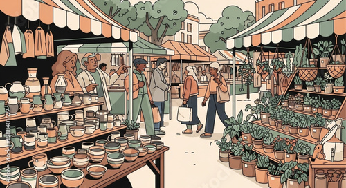 Outdoor Market Scene with Stalls and Shoppers.
