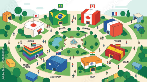 A vibrant flat design illustration depicting the diverse international pavilions of the Venice Biennale, each representing a nation's artistic contribution.