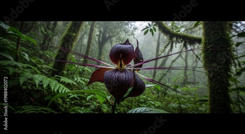 Exotic black bat flower blooming in a misty tropical rainforest