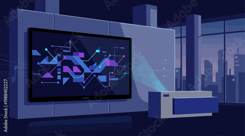 A sleek flat design illustration showcasing digital art and technological innovation within the context of the Venice Biennale. This vector image represents the evolving future of artistic expression 