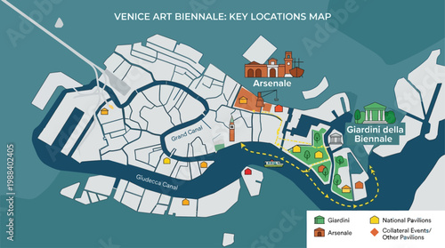 A clear flat design illustration of a stylized map, guiding visitors through the various exhibition venues of the Venice Biennale. 