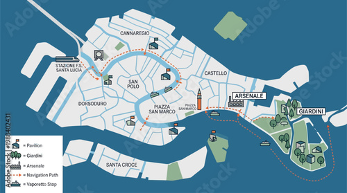 A clear flat design illustration of a stylized map, guiding visitors through the various exhibition venues of the Venice Biennale. 