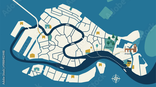 A clear flat design illustration of a stylized map, guiding visitors through the various exhibition venues of the Venice Biennale. 
