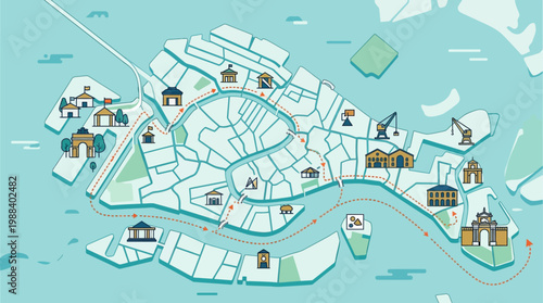 A clear flat design illustration of a stylized map, guiding visitors through the various exhibition venues of the Venice Biennale. 