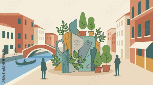 A thoughtful flat design illustration depicting an eco-conscious art installation at the Venice Biennale, blending natural and recycled elements within a Venetian backdrop. 