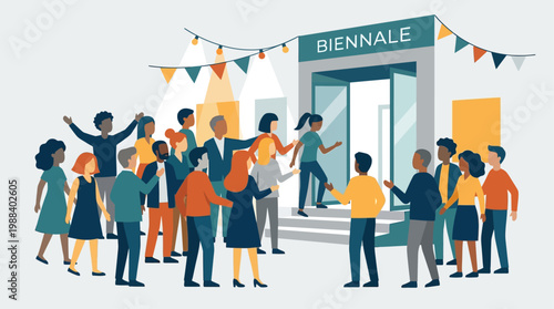 An energetic flat design illustration capturing the excitement and buzz of an opening day at the Venice Biennale, with a crowd eagerly gathering at an exhibition entrance. This vector image conveys th
