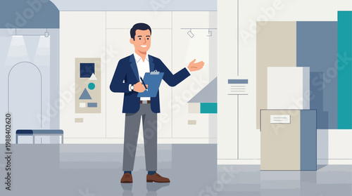 A professional flat design illustration featuring an art curator, symbolizing the expertise and guidance behind the Venice Biennale exhibitions. 