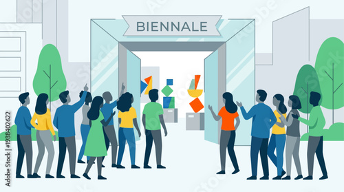 An energetic flat design illustration capturing the excitement and buzz of an opening day at the Venice Biennale, with a crowd eagerly gathering at an exhibition entrance. This vector image conveys th